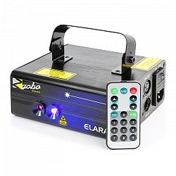 Beamz Elara, dvojitý laser, 6 DMX kanálov, 18 W RB, 12 motívov, IR diaľkový ovládač