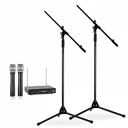 Electronic-Star Sada bezdrôtových mikrofónov so statívmi, 2 VHF rádiové mikrofóny, 2 stojany, čierne